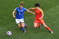 Italy's midfielder Aurora Galli (L) vies with China's midfielder Rui Zhang during the France 2019 Women's World Cup round of sixteen football match between Italy and China, on June 25, 2019, at La Mosson stadium in Montpellier, south western France. (Photo by Boris HORVAT / AFP)