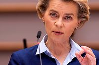 President of Commission Ursula von der Leyen delivers a speech at European Parliament, in Brussels, on December 16, 2020. (Photo by JOHN THYS / AFP)