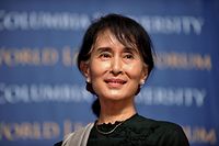 (FILES) In this file photo taken on September 22, 2012, Myanmar's member of parliament Aung San Suu Kyi speaks at the Low Memorial Library at Columbia University in New York. - Ousted Myanmar leader Aung San Suu Kyi will hear the first testimony against her in a junta court on June 14, 2021, more than four months after a military coup. (Photo by Stan HONDA / AFP)