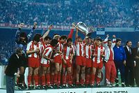 Red Star Belgrade's players celebrate victory in the 1990-1991 European Champions Cup (now called UEFA Champions League). Red Star Belgrade won after penalties against Olympique Marseille (OM). (Photo by RENARD eric/Corbis via Getty Images)