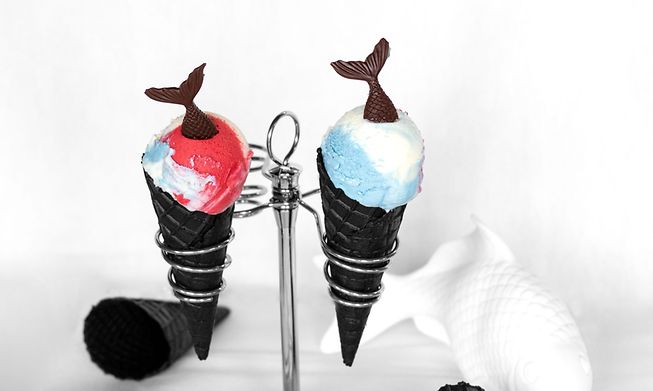 Home-made artisanal ice cream for National Day featuring a chocolate Melusina tail