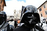 Actors impersonating Star Wars movie's characters pose on the Rome's Spanish Steps during an event to mark the Star Wars Day in Rome on May 4, 2019. (Photo by Vincenzo PINTO / AFP)