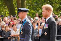Os príncipes William e Harry juntos no cortejo fúnebre em Londres liderado pela família real britânica.