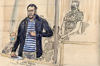 This court-sketch made on April 13, 2022, shows co-defendant Salah Abdeslam during the trial of November 13, 2015 Paris and Saint-Denis attacks, taking place in a temporary courtroom set up at the "Palais de Justice" courthouse in Paris. - Salah Abdeslam, the prime suspect in the attacks, said for the first time on April 13, 2022, that his "aim" was to blow himself up on the evening of November 13, 2015, in a cafe in the 18th arrondissement in the north of Paris, but that he had gave up doing so after looking at the people around him. (Photo by Benoit PEYRUCQ / AFP) / ----IMAGE RESTRICTED TO EDITORIAL USE - STRICTLY NO COMMERCIAL USE-----