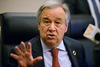 (FILES) In this file photo United Nations Secretary-General Antonio Guterres speaks during a press conference at the African Union headquarters during the 33rd African Union (AU) Summit on February 8, 2020,in Addis Ababa. - UN Secretary-General Antonio Guterres said July 8, 2020 that foreign interference in the Libya conflict has reached "unprecedented levels," with sophisticated equipment and mercenaries involved in the fighting. (Photo by MICHAEL TEWELDE / AFP)