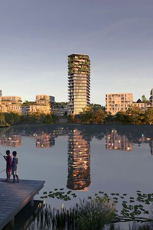 So stellen sich die Projekt-Konzeptoren die Skyline der Rout Lëns in Zukunft vor, hier von den ERA-Weihern aus gesehen.