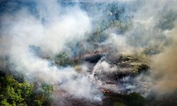 20.04.2020, Niederlande, Deurne: Rauch steigt von einem Großbrand im Moorgebiet Maria Peel auf (Aufnahme mit Drohne).  Der Großbrand in dem Naturschutzgebiet ist noch nicht unter Kontrolle. Die Löscharbeiten würden durch starken Wind erschwert, sagte ein Sprecher der Sicherheitsbehörden der Provinz Limburg am 21.04.2020 im niederländischen Radio. (zu dpa "Wind facht Großbrand in niederländischem Nationalpark an") Foto: Rob Engelaar/ANP/dpa +++ dpa-Bildfunk +++