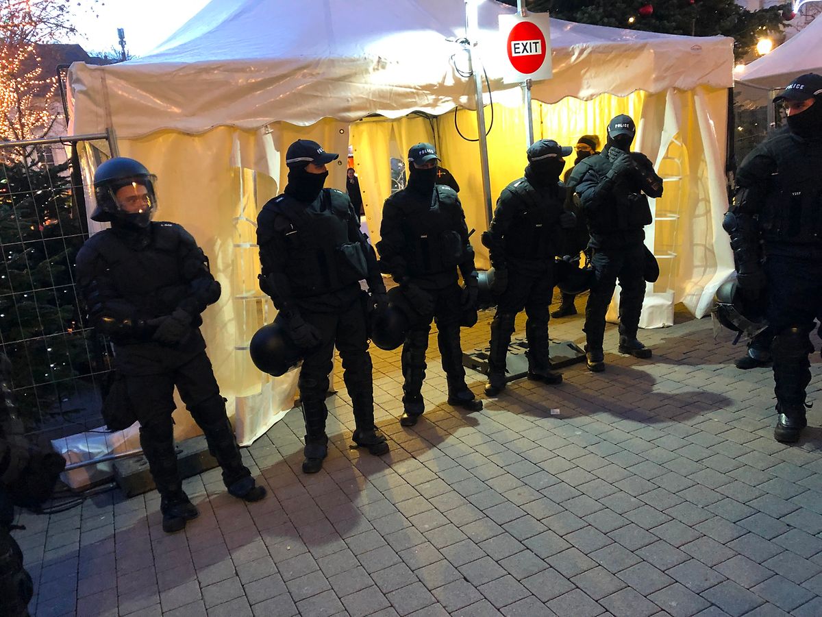 Police guard the entrance to the Christmas market